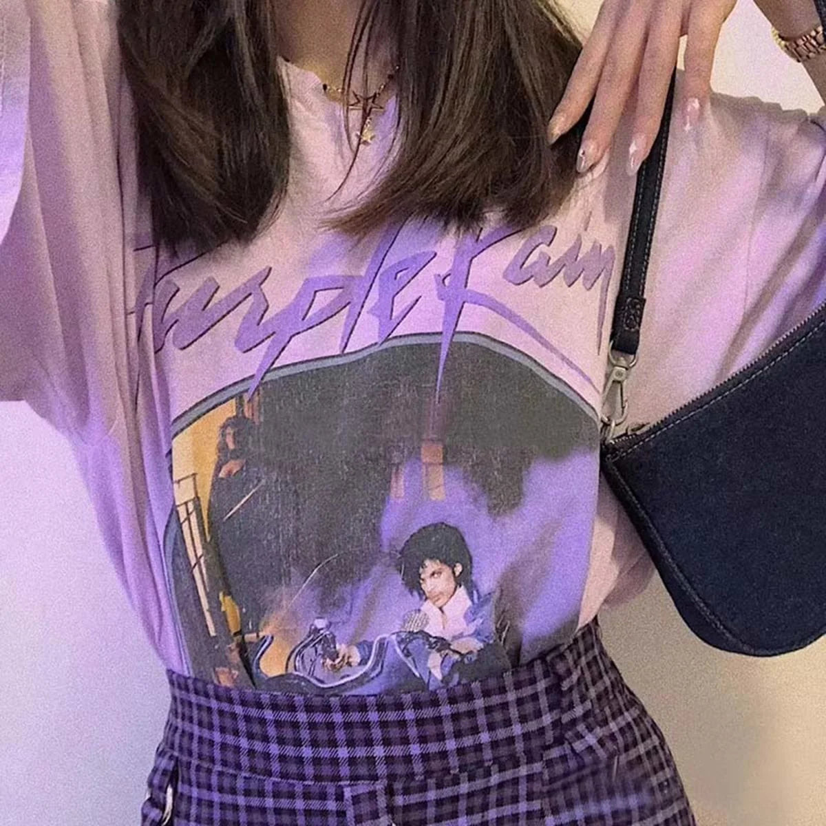 Kuakuayu HJN Purple Rain Vintage Graphic Tee Female Short Sleeve Purple Chic Printed Tops Summer Cotton Loose Casual Music T Shirt