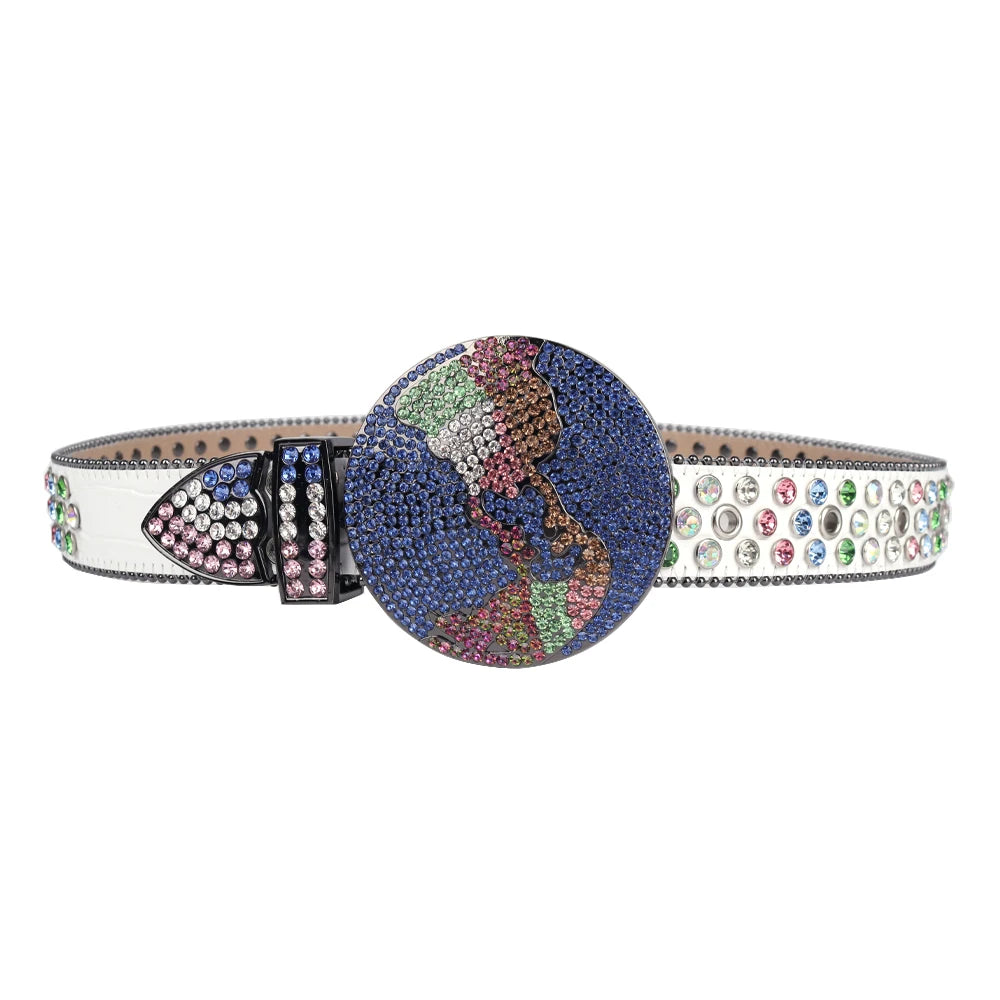 2025 Western Rhinestones Planet Earth World Belt Goth Women Leather Strap for Rhinestone Belts Western Cowboy Y2K Girls Fashion Belt for Jeans Men