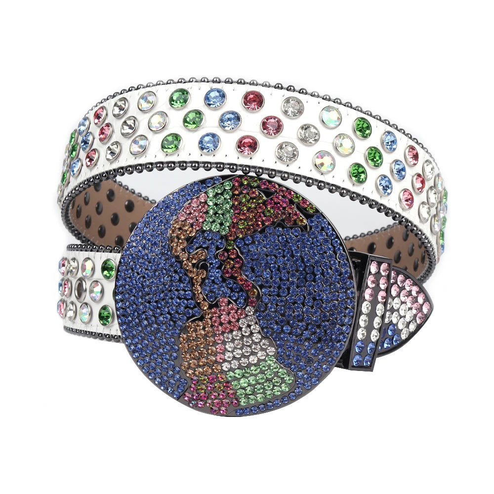 2025 Western Rhinestones Planet Earth World Belt Goth Women Leather Strap for Rhinestone Belts Western Cowboy Y2K Girls Fashion Belt for Jeans Men