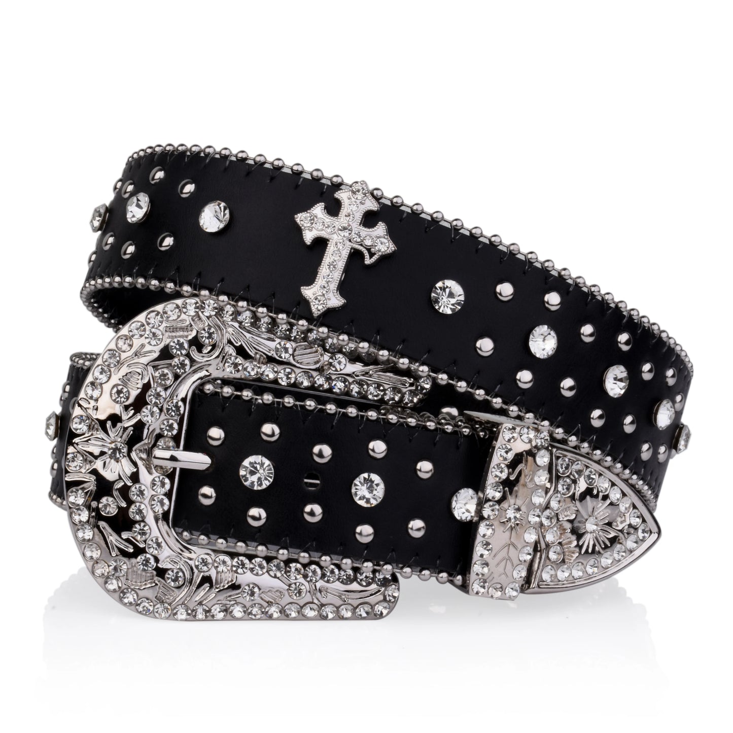 Black Cross Rivet Belt Engraved Buckle Rhinestone