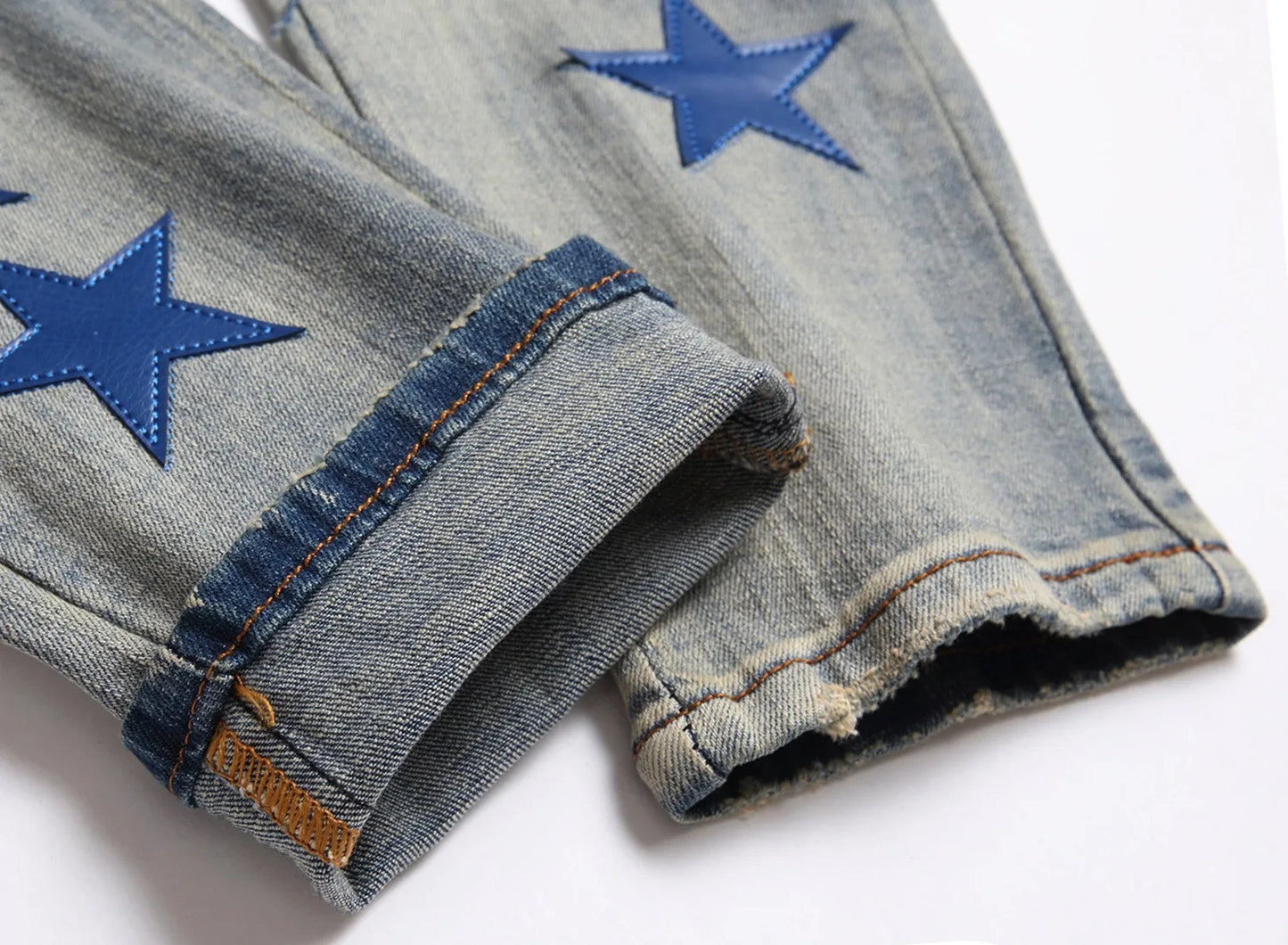 2025 Streetwear New Style Men’s Light Luxury Blue Ripped Jeans,Slim Fit Denim Jeans,Stars Decors Punk Jeans,Trendy Casual Jeans;