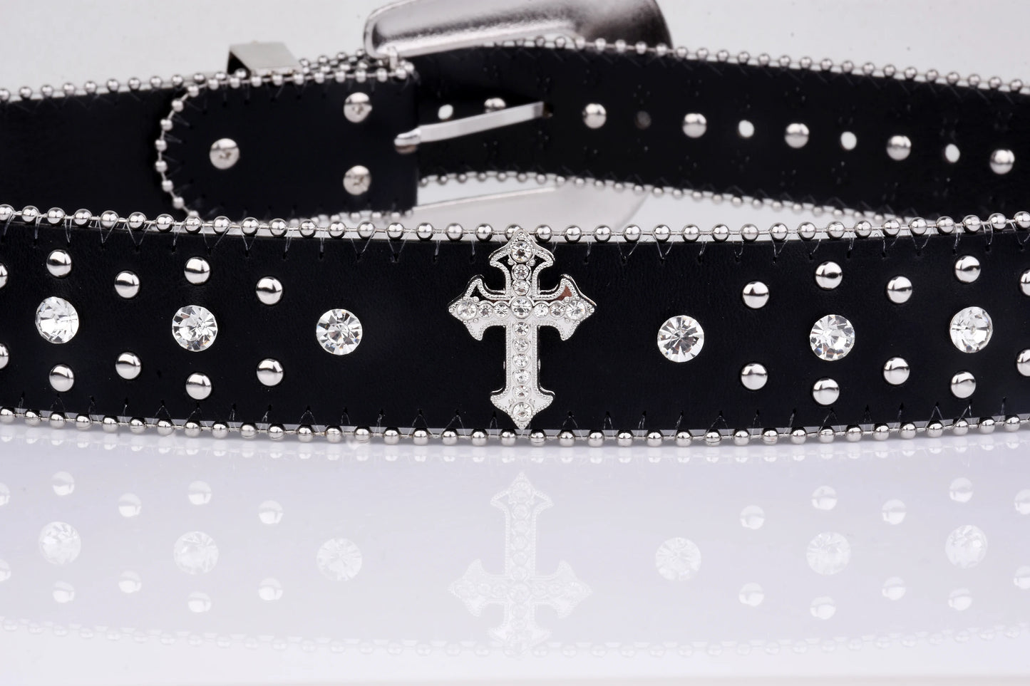 Black Cross Rivet Belt Engraved Buckle Rhinestone