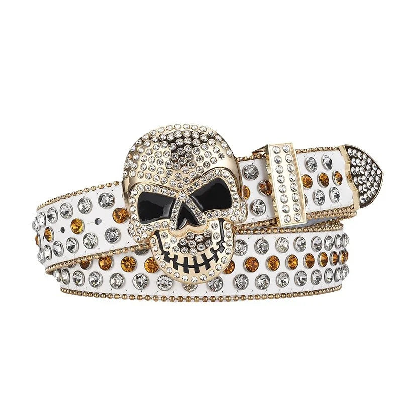 2025 New Punk Western Big Skull Sparkly Unisex Leather Bling Diamond Rhinestone Belt