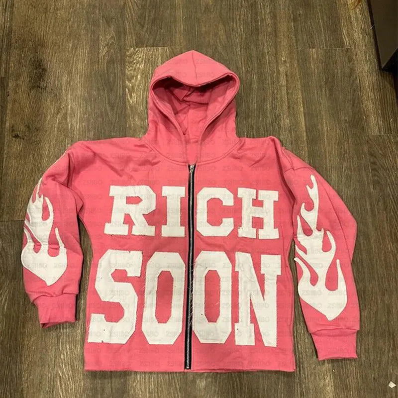 2025 New Zipper Hoodie Rich Soon Vintage Letter Patch Pattern Embroidery Longsleeved Hooded Jacket Top Kpop Street Fashion Sweatshirt Women Men