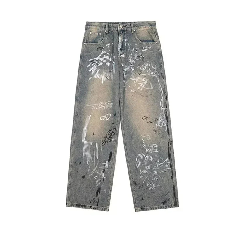 2025 Streetwear New Graffiti Printed Baggy Jeans For Men Y2K Vintage Distressed Blue Harajuku Denim Pants High Street Straight-leg Jean Trousers