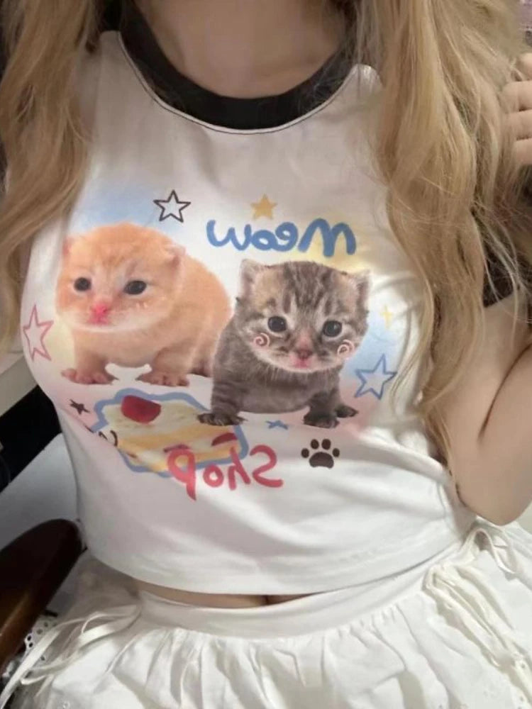 Deeptown Harajuku Kawaii Cat Print T Shirts Women Cutecore Sweet Kitten Patchwork Tees Summer Casual Crop Top Japanese 2000s Y2K