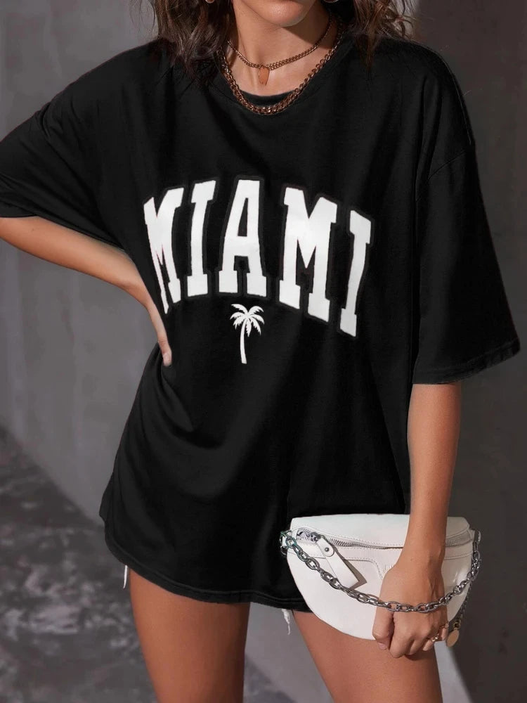 Miami Coconu Tree Beach Printing Womans T-Shirts Casual O-Neck Short Sleeve Fashion All-math Cotton Clothing Simple Womens Tops