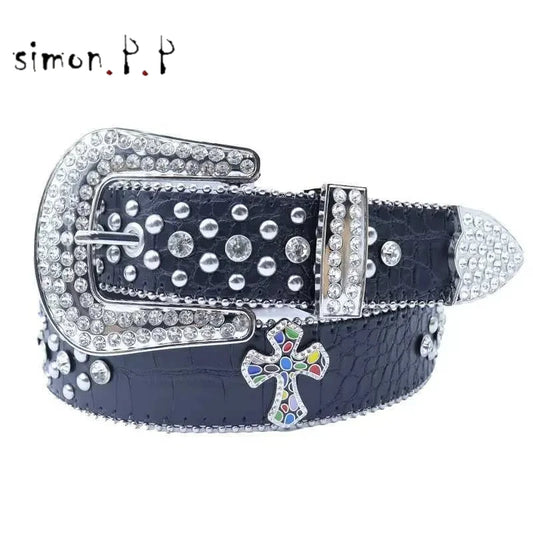 2025 Belts Fashion Punk Men Women BB Western Rhinestone Belt Bling Studded Sparkly Y2k Leather Belt Q240722