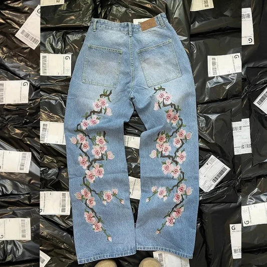 2025 American Retro Jeans Hip Hop Cherry Blossom Print Pattern Goth Casual Wide Leg Pants Streetwear Y2K Harajuku Denim Pants