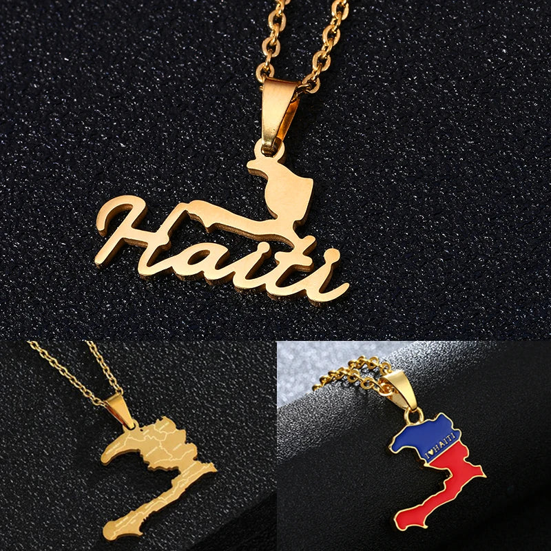 Fashion Haiti Map Falg City Pendant Necklace Gold color Stainless Steel  Men Women Country Map Jewerly Repiblik Ayiti Gift