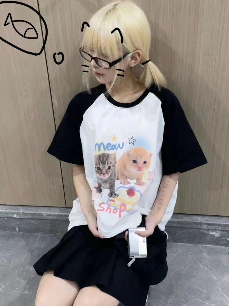 Deeptown Harajuku Kawaii Cat Print T Shirts Women Cutecore Sweet Kitten Patchwork Tees Summer Casual Crop Top Japanese 2000s Y2K