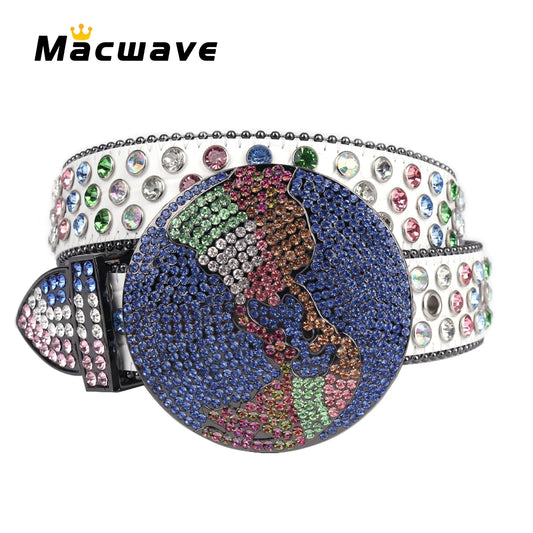 2025 Western Rhinestones Planet Earth World Belt Goth Women Leather Strap for Rhinestone Belts Western Cowboy Y2K Girls Fashion Belt for Jeans Men