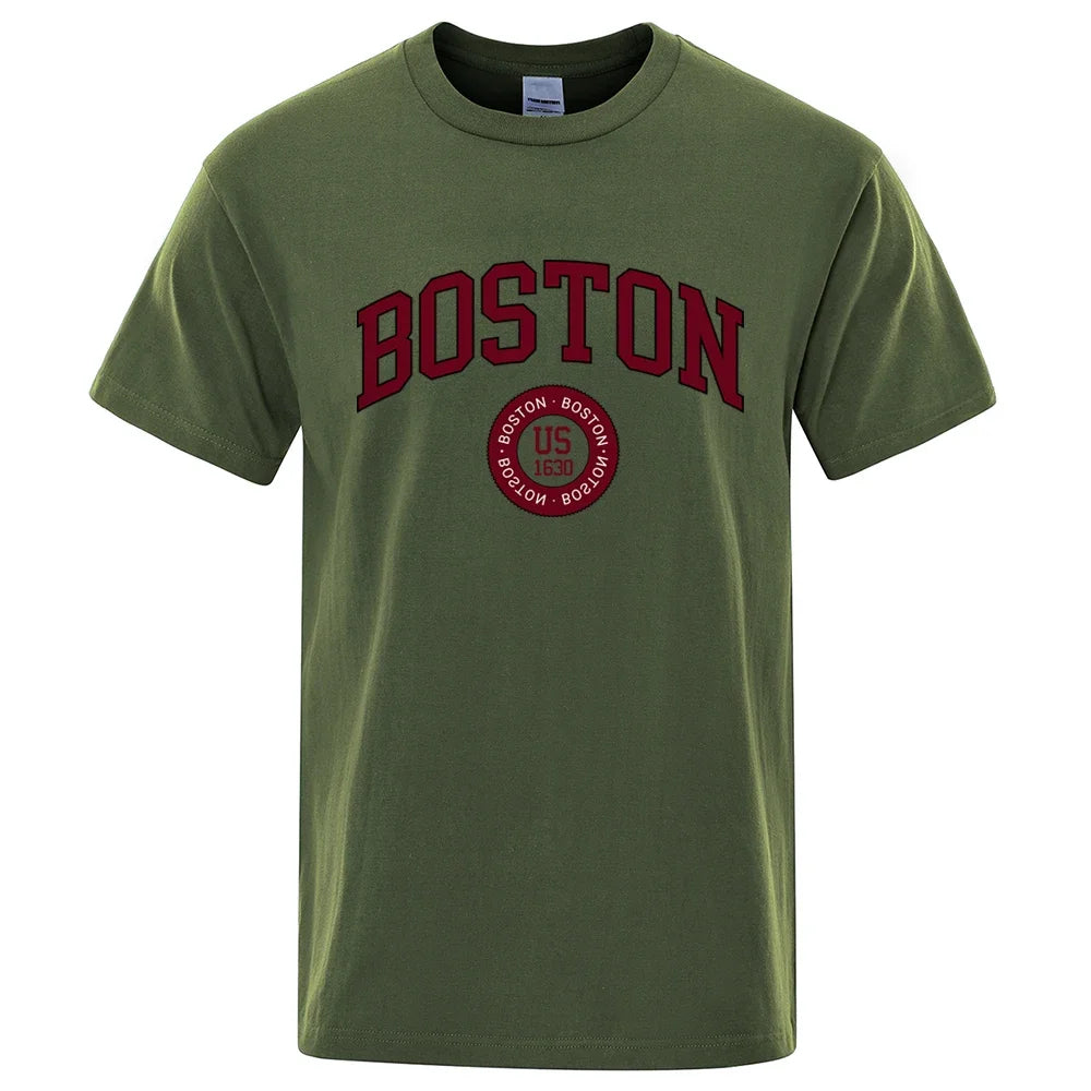 Cotton Tops Fashion Summer Mens Tee Clothes Oversized Tshirt Boston City Us Founded In 1630 Print Men T-Shirt Fashion Clothing