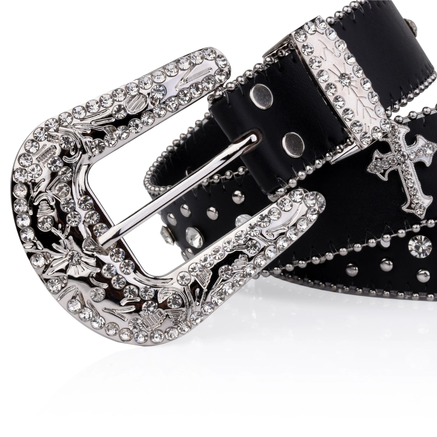 Black Cross Rivet Belt Engraved Buckle Rhinestone