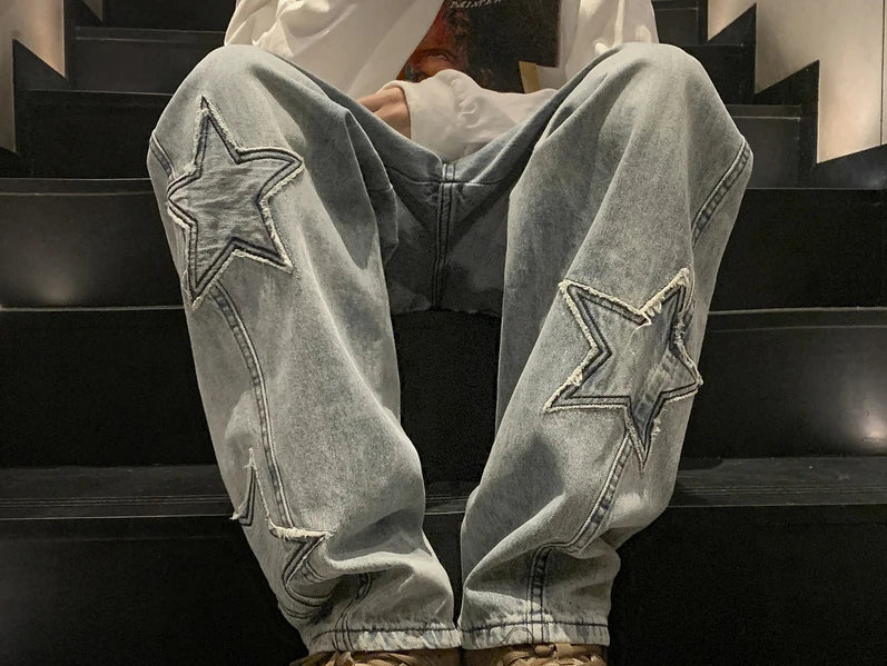 2025 New Fashion Five-pointed Star Jeans Men High-waisted Vintage Streetwear Men Pants Baggy Winter Wide-leg Jeans Denim Men Clothing