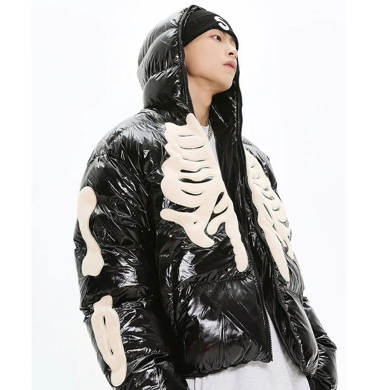 Skeleton Embroidered Glossy Puffer Jacket