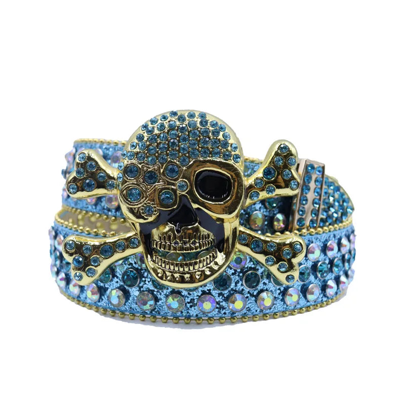 2025 New Punk Western Big Skull Sparkly Unisex Leather Bling Diamond Rhinestone Belt