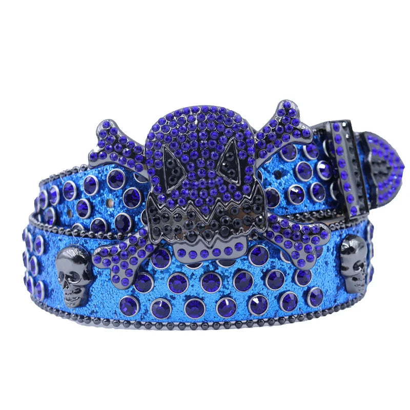 2025 New Punk Western Big Skull Sparkly Unisex Leather Bling Diamond Rhinestone Belt