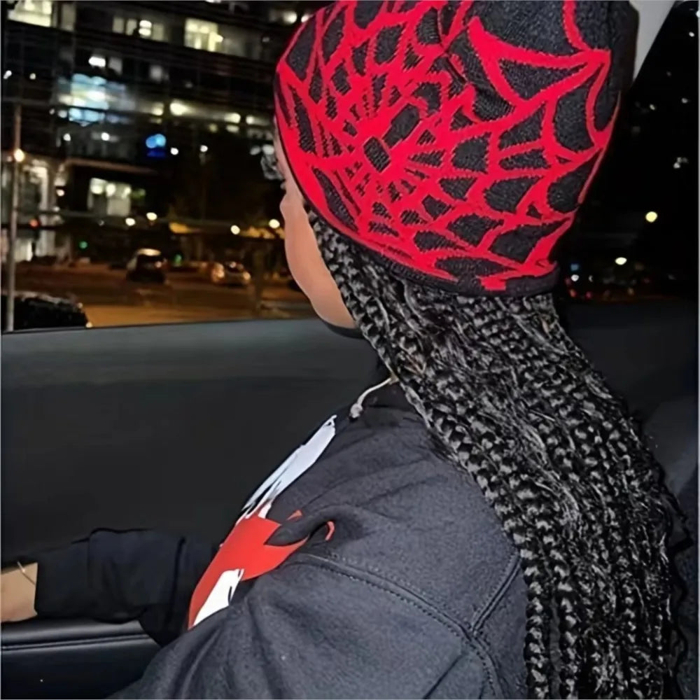 2025 New Goth Spider Web Jacquard Beanie Caps Y2K Knit Warm Hip Hop Unisex Elastic Knit Hat For Women Men Streetwear