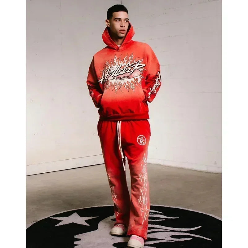 2025 Washed Hooded Pullover Oversized Pure Cotton Men Women Hooded Red Sweatshirt Suits