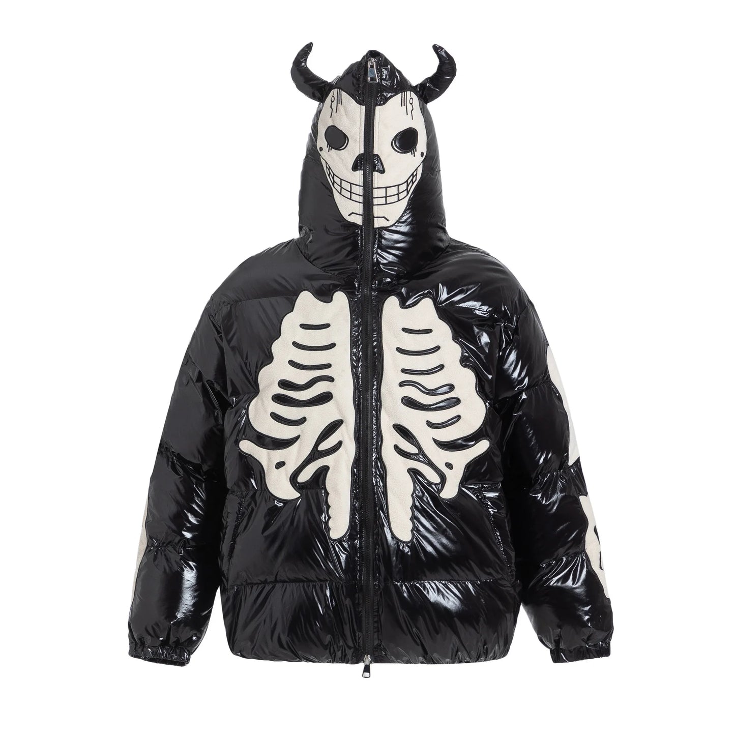 Skeleton Embroidered Glossy Puffer Jacket