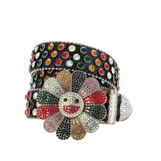 2025 Bb belt Luxury shiny dazzling colour colored rhinestone flower belt Fashion punk hip hop style rotary buckle belt European street style belt