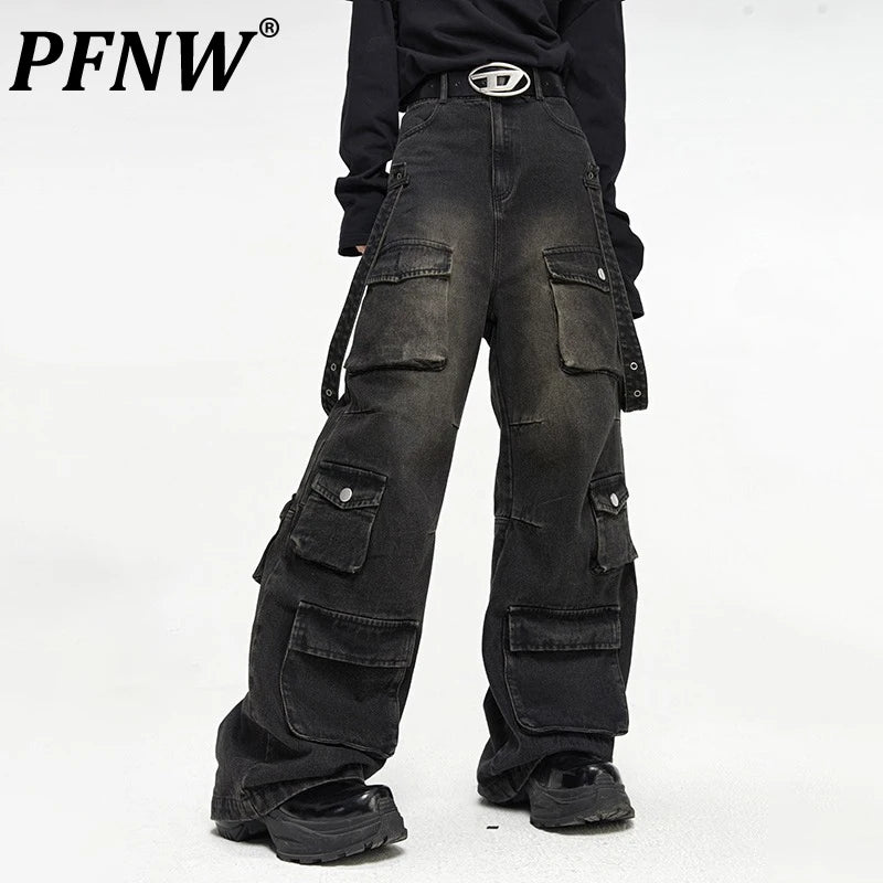 2025 Streetwear PFNW Summer Men's American High Street Multi Pocket Wide Leg Jeans Loose Hip Hop Straight Techwear Denim Handsome Pants 12Z1496