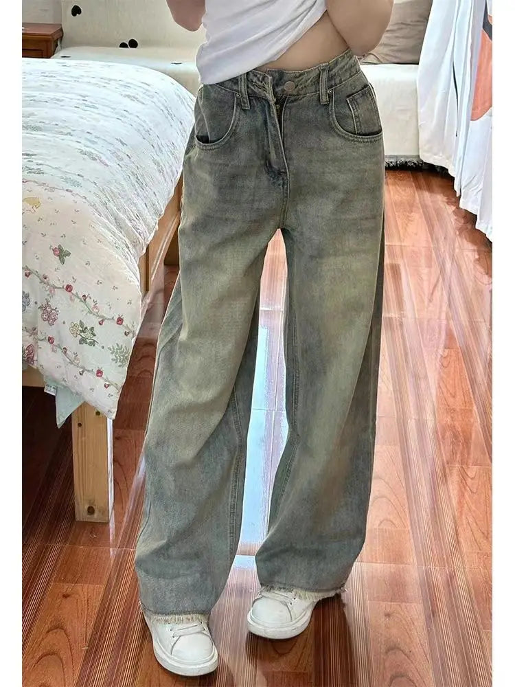 2025 Streetwear New Retro High Waist Loose Flare Jeans Lady Designer Baggy Wide Leg Pants Korean Version Raw Edge Denim Blue Trousers 957