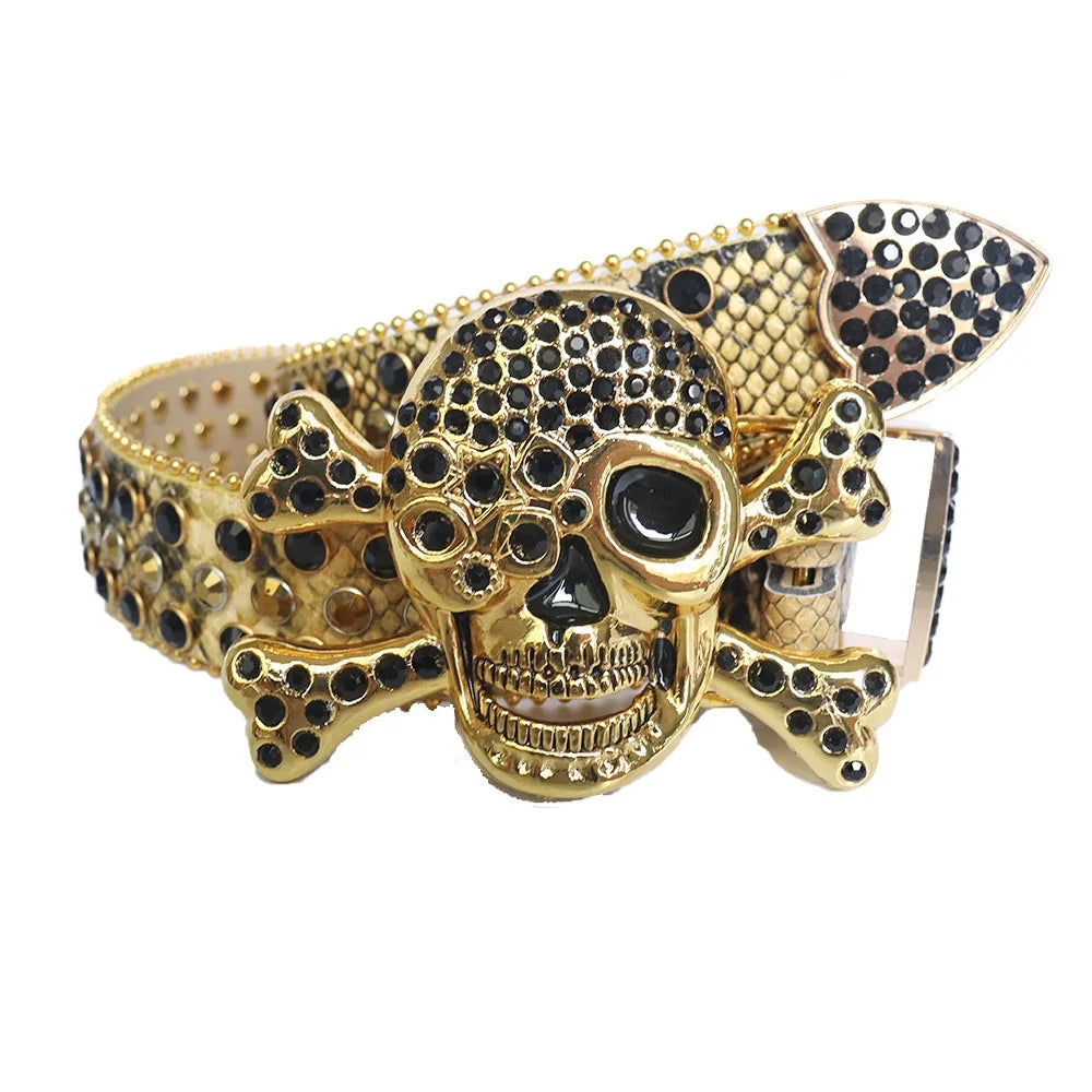 2025 New Punk Western Big Skull Sparkly Unisex Leather Bling Diamond Rhinestone Belt