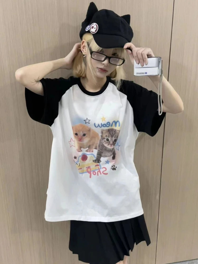 Deeptown Harajuku Kawaii Cat Print T Shirts Women Cutecore Sweet Kitten Patchwork Tees Summer Casual Crop Top Japanese 2000s Y2K