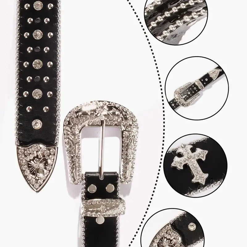 Black Cross Rivet Belt Engraved Buckle Rhinestone