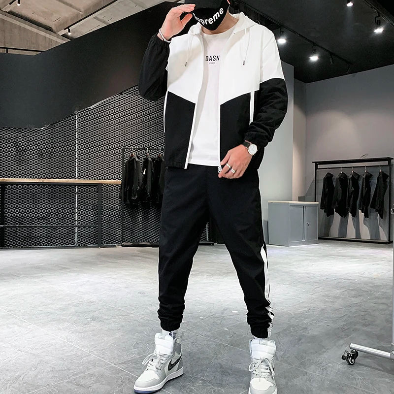 Patchwork Hip Hop Casual Men's Sets 2024 Korean Style 2 Piece Sets Clothes Men Streetwear Fitness Male Tracksuit