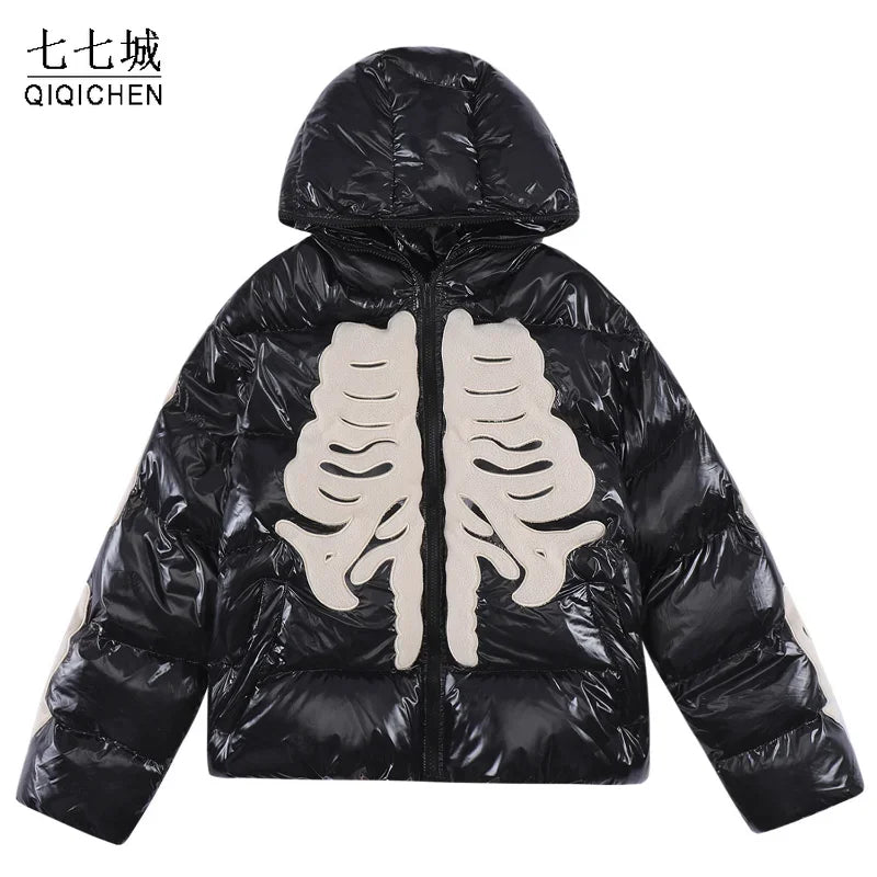 Skeleton Embroidered Glossy Puffer Jacket