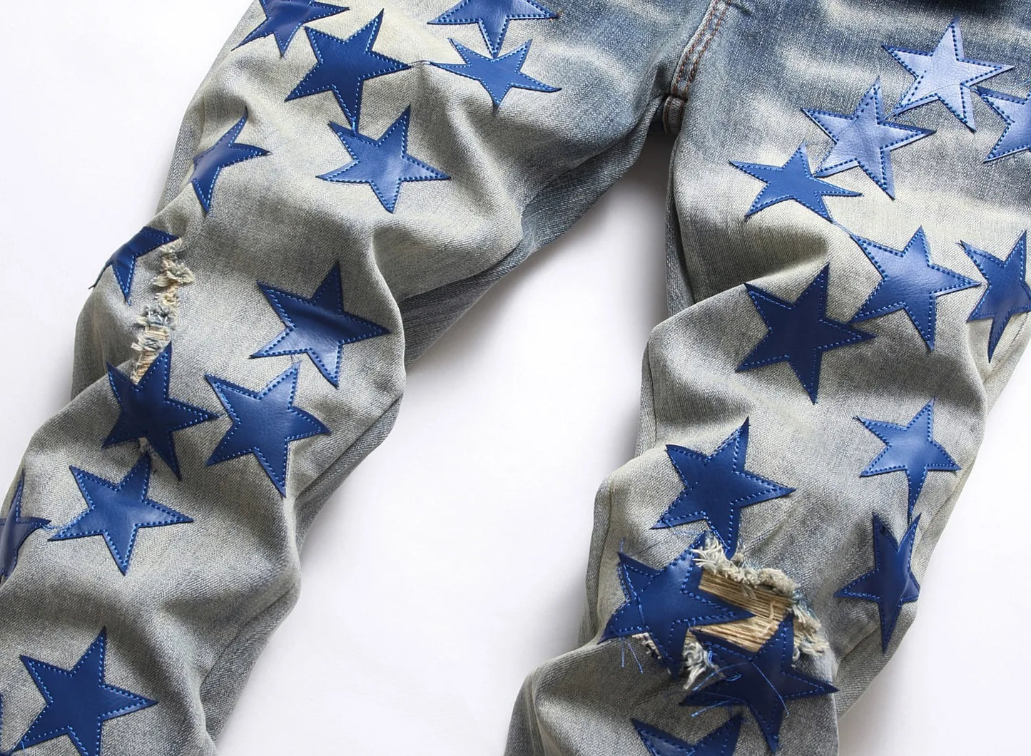 2025 Streetwear New Style Men’s Light Luxury Blue Ripped Jeans,Slim Fit Denim Jeans,Stars Decors Punk Jeans,Trendy Casual Jeans;