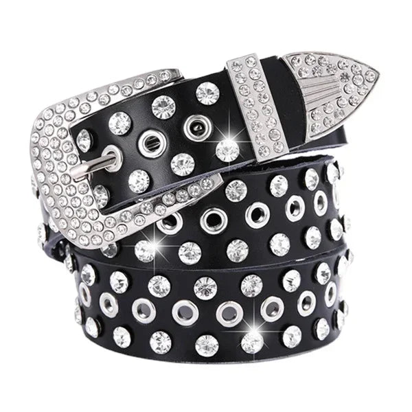 2025 Streetwear Black and White Color Leather Rhinestone Western Belt for Cow Boy and Cow Girl