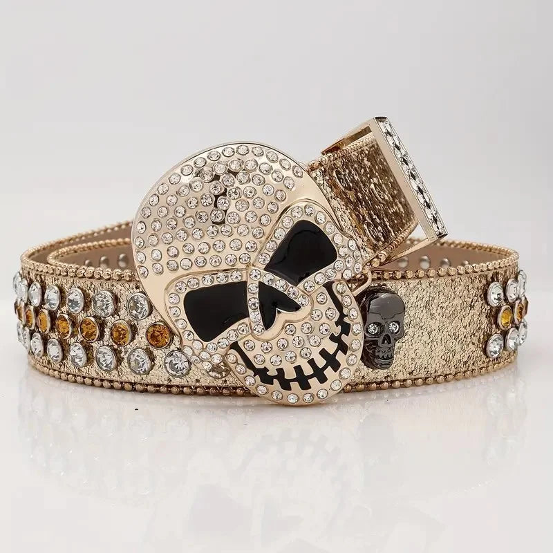 2025 New Punk Western Big Skull Sparkly Unisex Leather Bling Diamond Rhinestone Belt