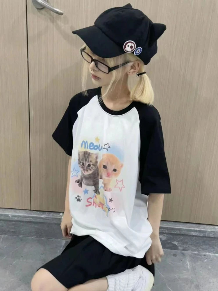 Deeptown Harajuku Kawaii Cat Print T Shirts Women Cutecore Sweet Kitten Patchwork Tees Summer Casual Crop Top Japanese 2000s Y2K