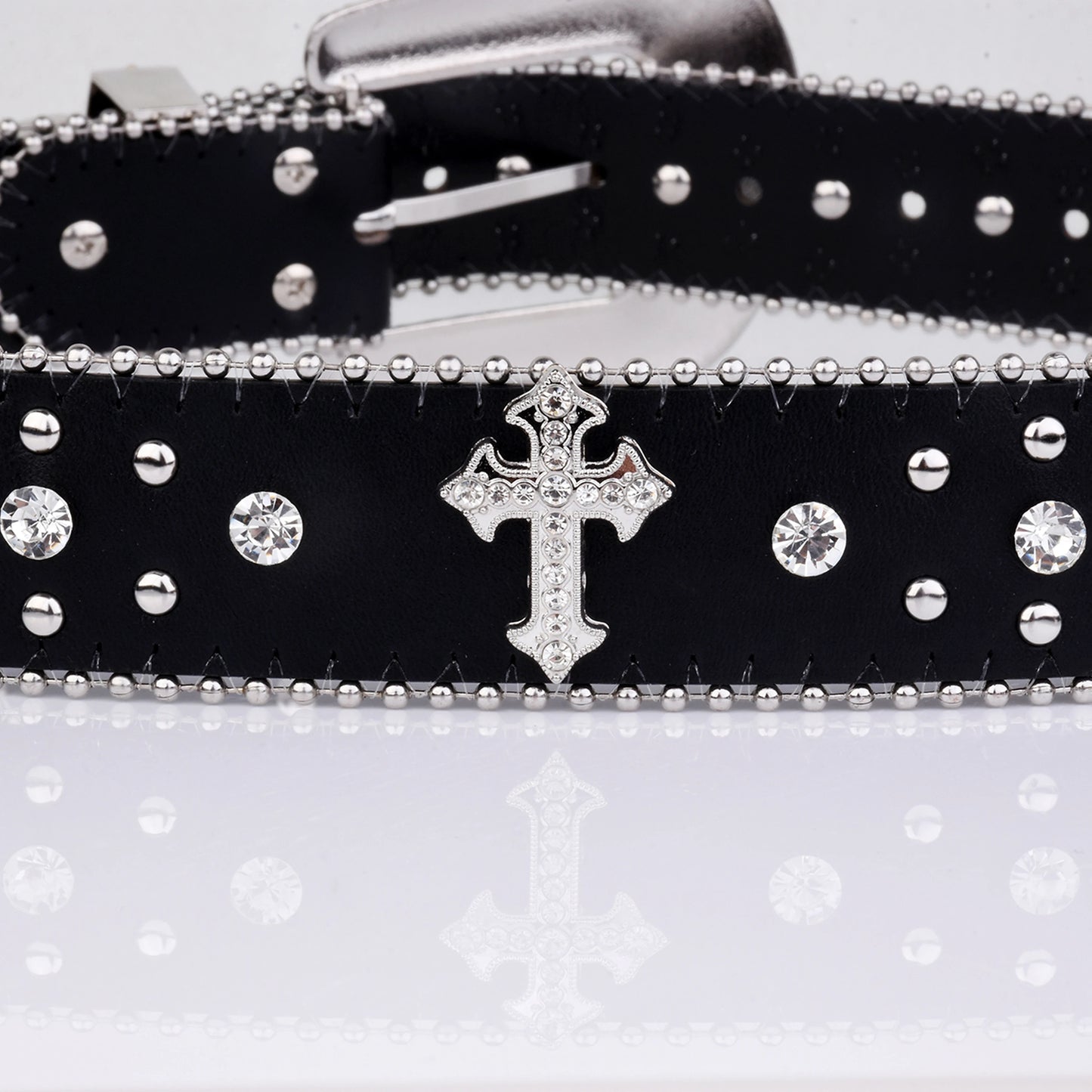 Black Cross Rivet Belt Engraved Buckle Rhinestone