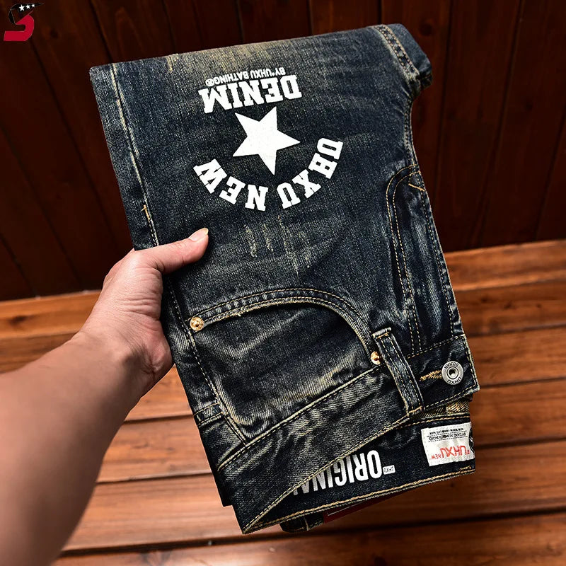 High-End Jeans for Men 2025 Streetwear Autumn Fashion Printing Stylish Worn Looking Washed-out Slim Retro Denim Long Pants