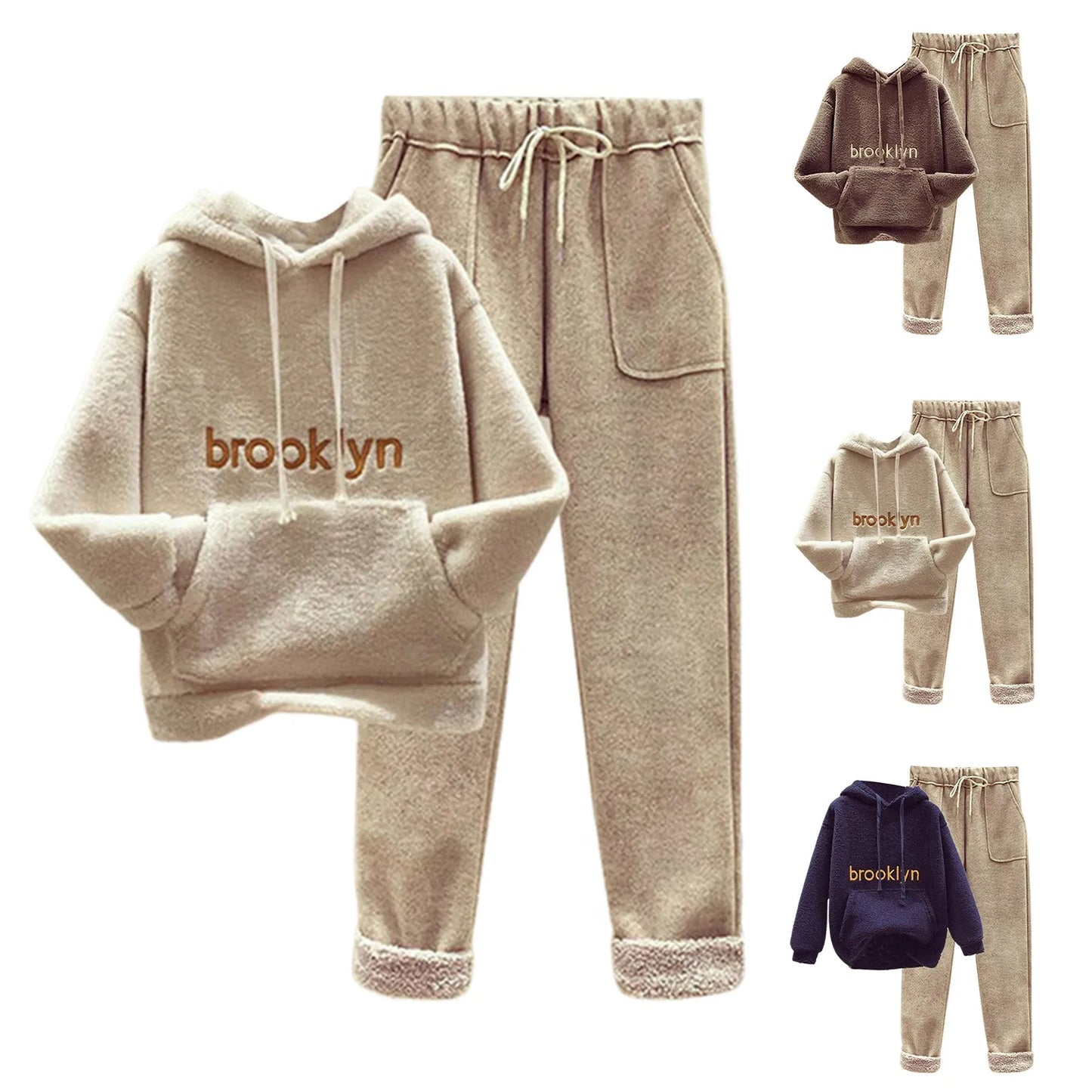 2024 Winter Thicken Women's Tracksuit Two Pieces Set Warm Plush Sweatshirt Trousers Casual Lambwool Lined Harem Pants Outfit