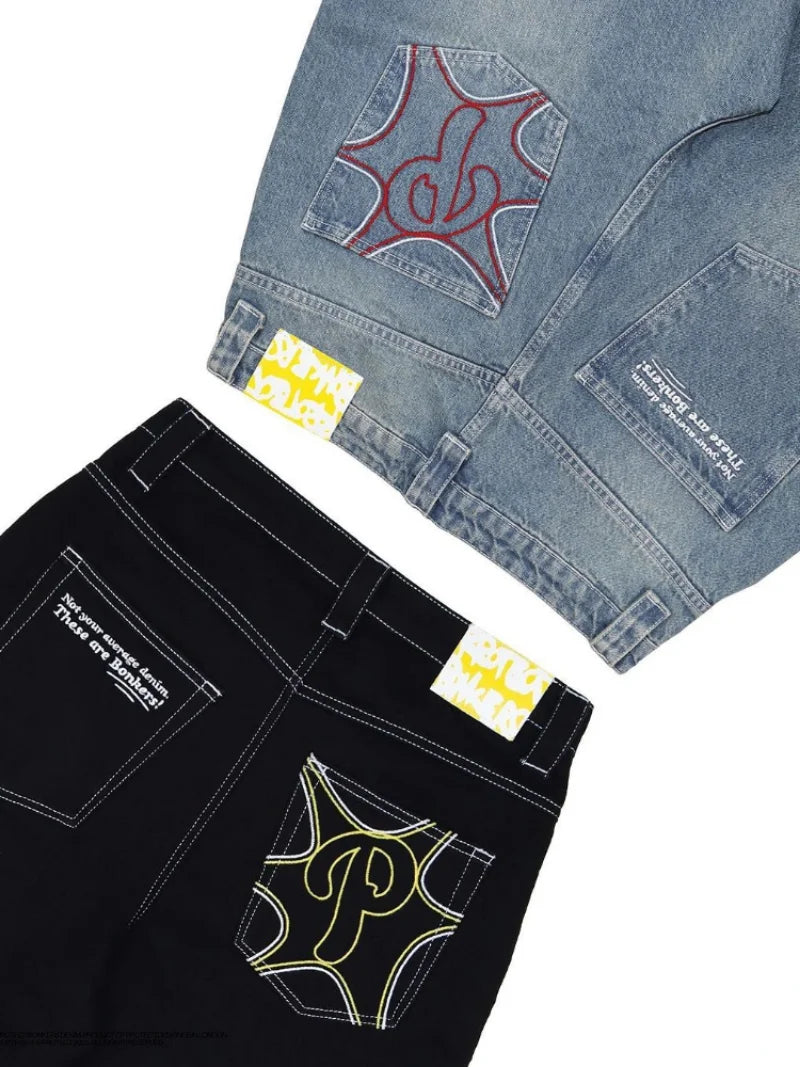 2025 Y2k Men Retro Harajuku Clothing Streetwear New Baggy Casual Wide Leg Jeans Hip Hop Print Jeans Trend Fashion Black High waist Jean