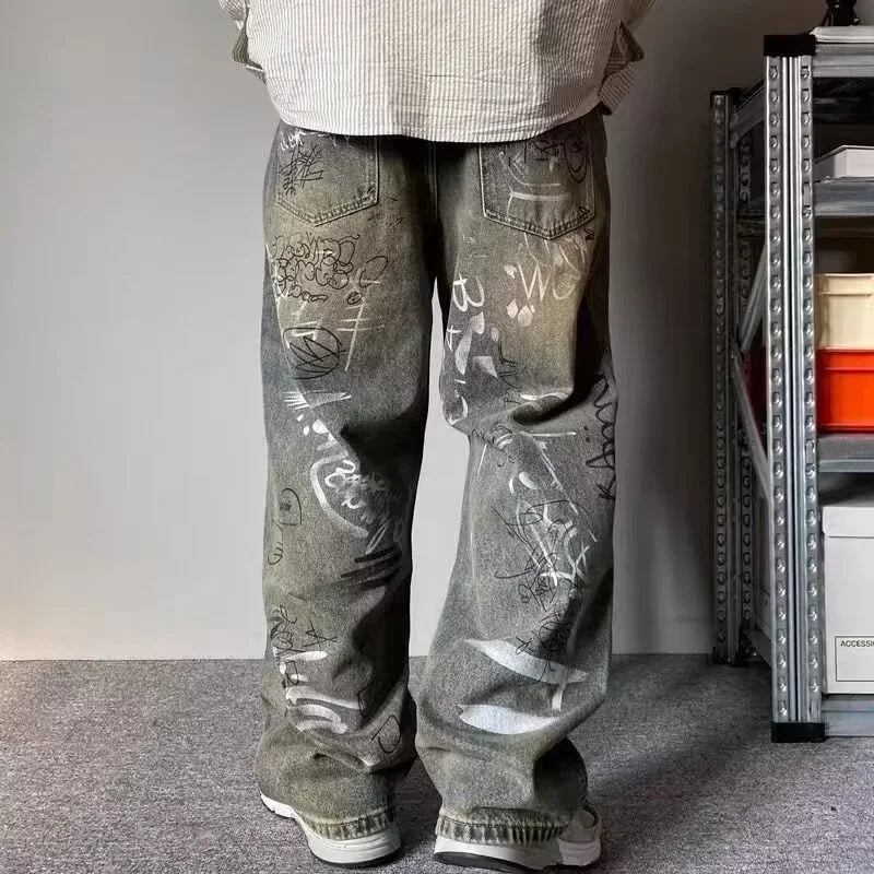 2025 Streetwear New Graffiti Printed Baggy Jeans For Men Y2K Vintage Distressed Blue Harajuku Denim Pants High Street Straight-leg Jean Trousers