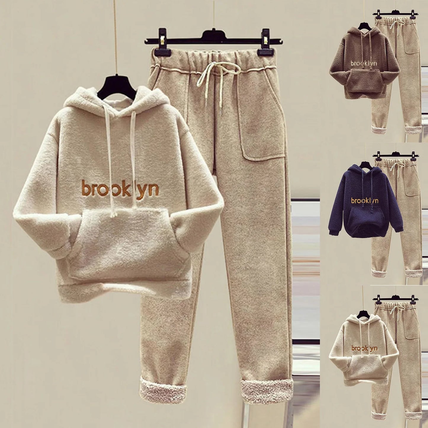 2024 Winter Thicken Women's Tracksuit Two Pieces Set Warm Plush Sweatshirt Trousers Casual Lambwool Lined Harem Pants Outfit