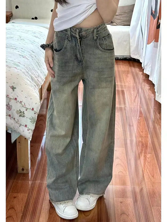 2025 Streetwear New Retro High Waist Loose Flare Jeans Lady Designer Baggy Wide Leg Pants Korean Version Raw Edge Denim Blue Trousers 957