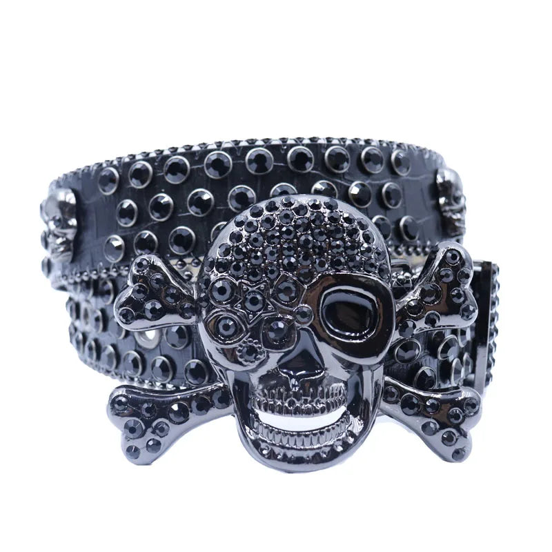 2025 New Punk Western Big Skull Sparkly Unisex Leather Bling Diamond Rhinestone Belt