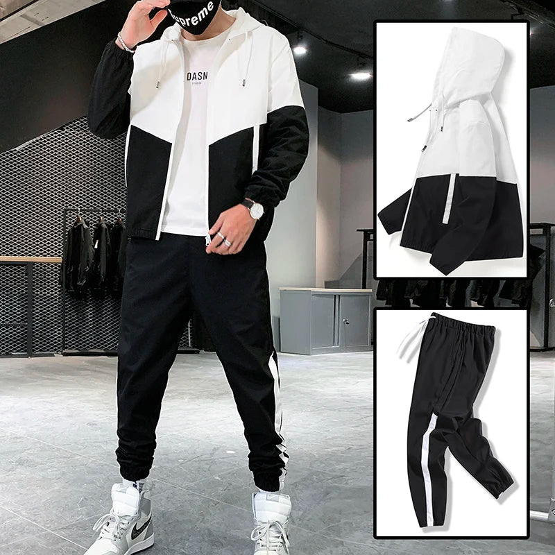 Patchwork Hip Hop Casual Men's Sets 2024 Korean Style 2 Piece Sets Clothes Men Streetwear Fitness Male Tracksuit