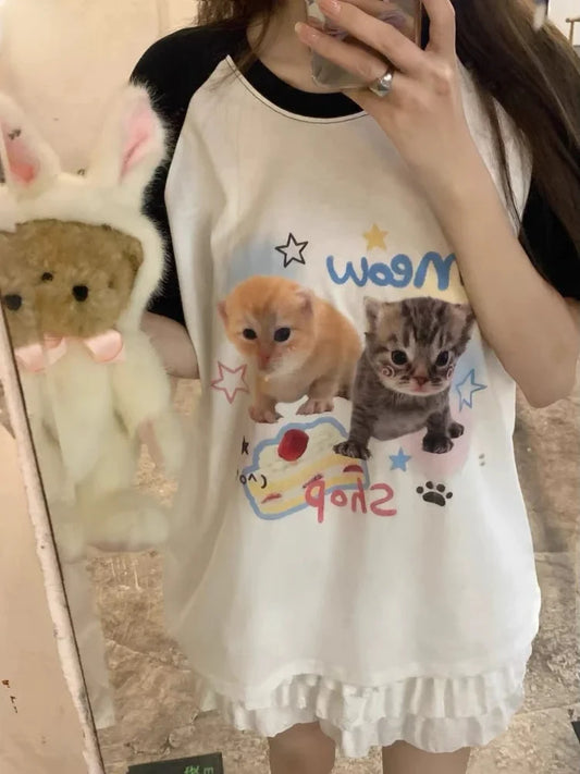 Deeptown Harajuku Kawaii Cat Print T Shirts Women Cutecore Sweet Kitten Patchwork Tees Summer Casual Crop Top Japanese 2000s Y2K