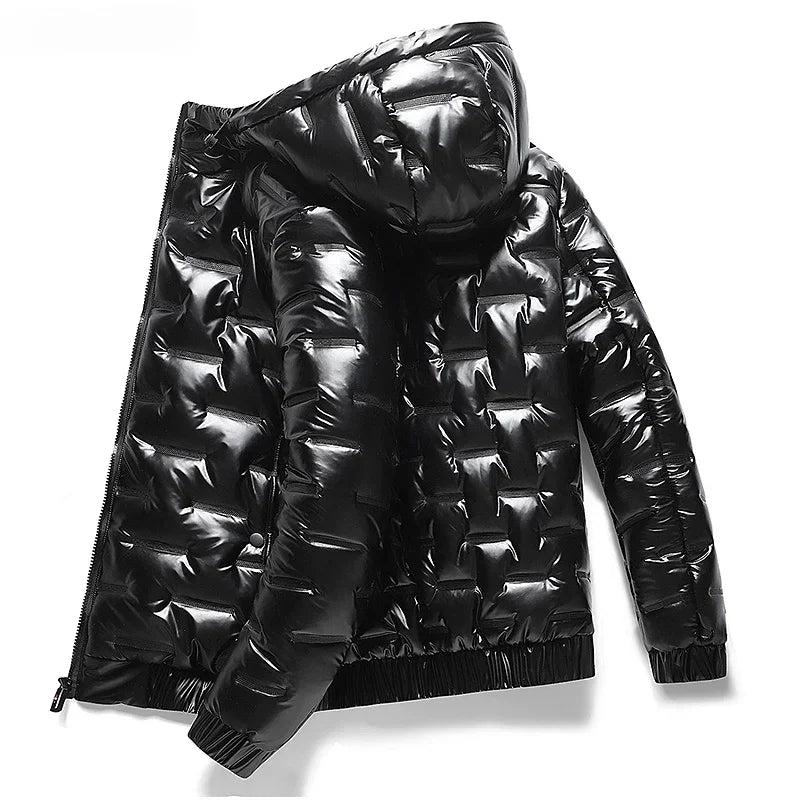 2025 New Winter Hooded Glossy Black Puffer Jacket Men