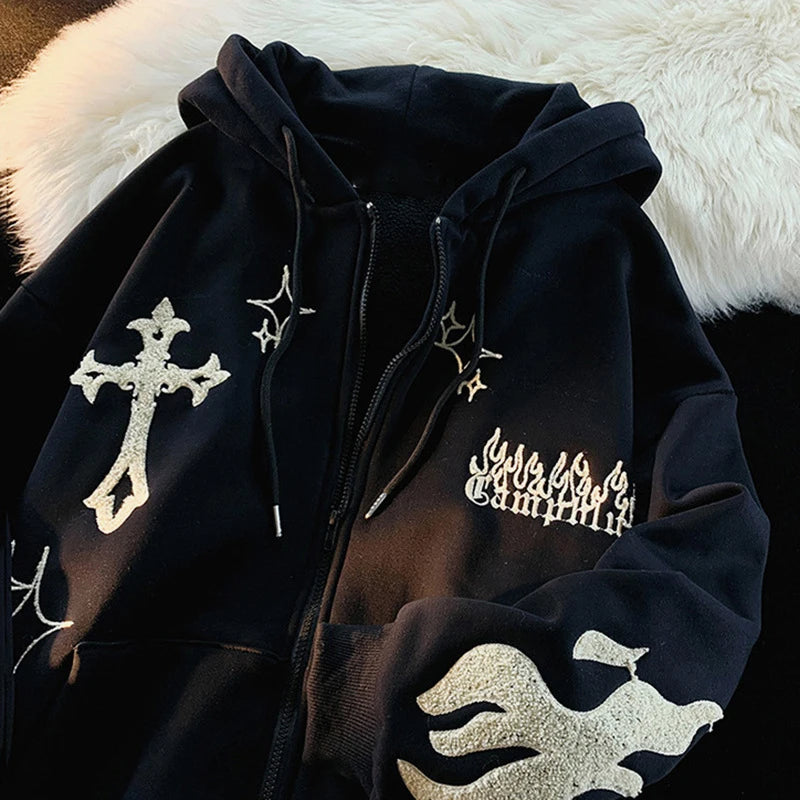 2025 Streetwear Europe and the United States Autumn and Winter Hoodie Embroidered Cross Fire Jacket Plus Cashmere Lovers Loose Sweater