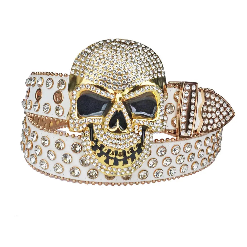 2025 New Punk Western Big Skull Sparkly Unisex Leather Bling Diamond Rhinestone Belt